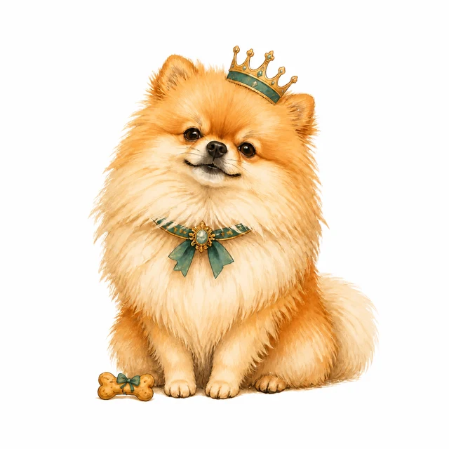 Illustratie van een trotse Pomeriaan met een kroon en een hondensnack